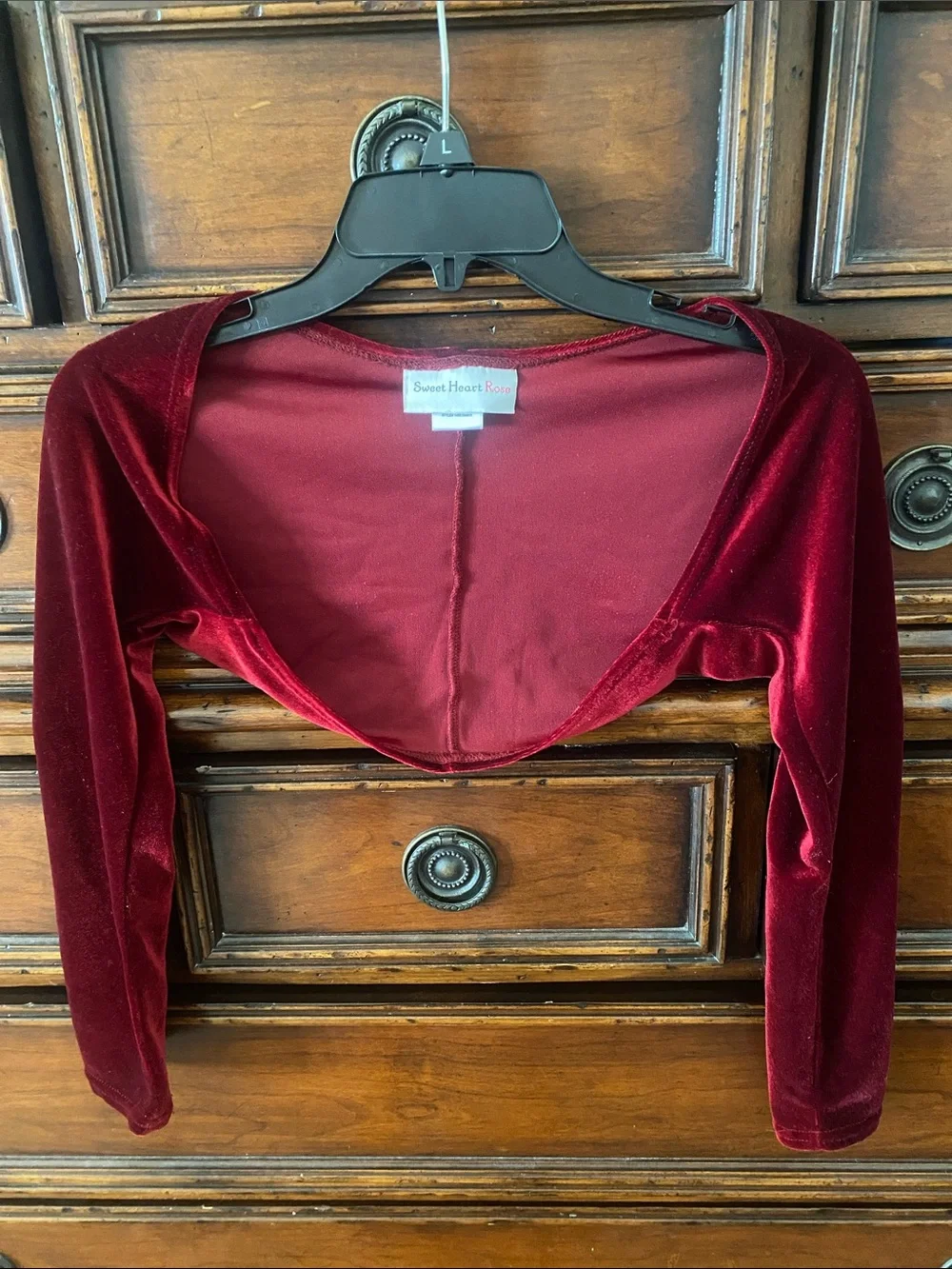Sweet Heart Rose Burgundy Velvet Cropped Shrug